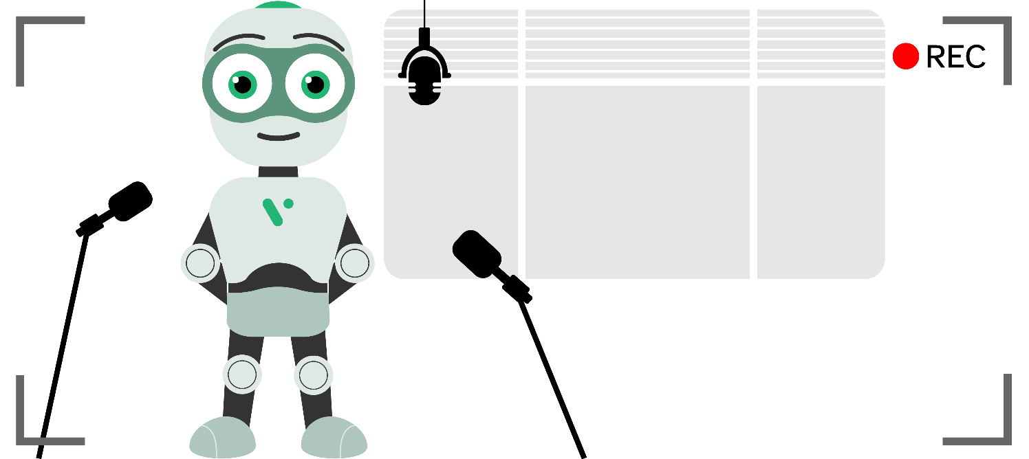 Picture of the Vittascience robot mascot posing in front of microphones